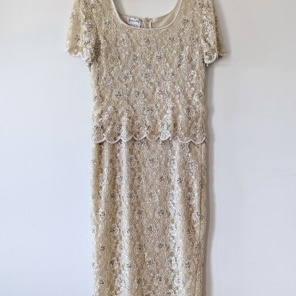 80s Beige Beaded Prom Dress Peplum Dress Floral Lace Formal Gown Vintage Dress - Picture 6 of 14